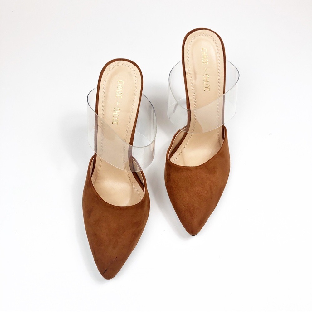 NWT BROWN STILETTO POINTED TOE MULES W/ PVC STRAP